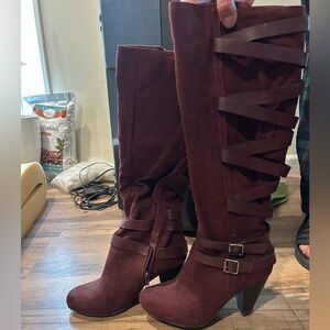 Burgundy knee high heeled boots
